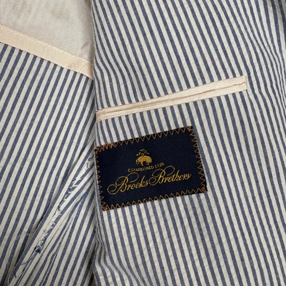 Brooks Brothers Mens 44L Seersucker Blazer Blue White Striped Cotton Sport Coat